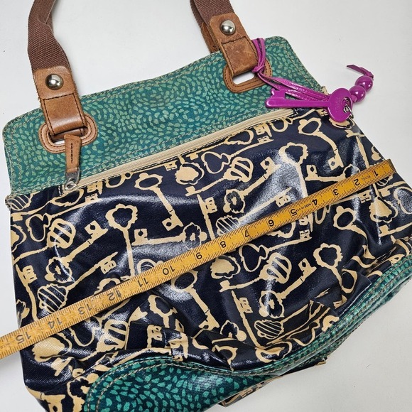 Fossil Key-Per Tote Shoulder Bag Teal Blue Navy Coated Purse Shopper - Picture 9 of 10